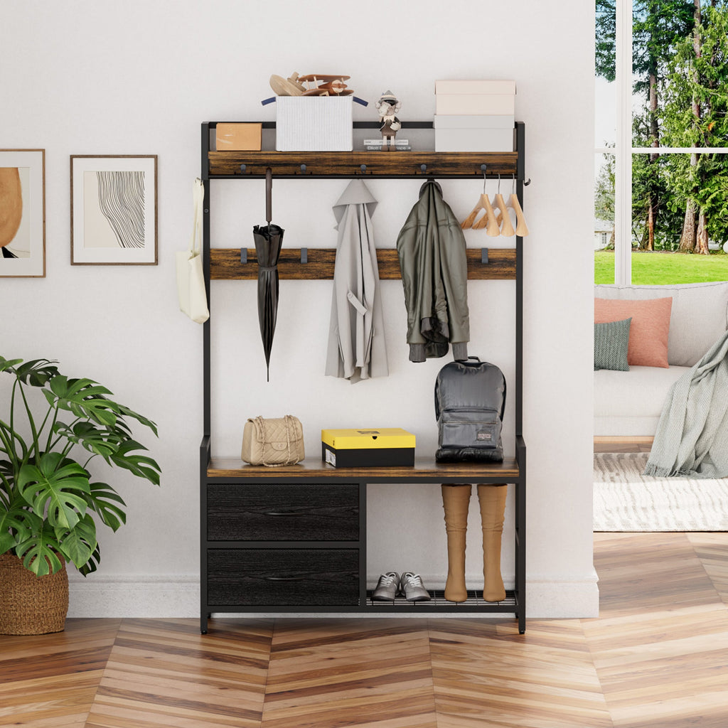 33.1" Wide Hall Tree with 2 Movable Drawers and Shoe Storage