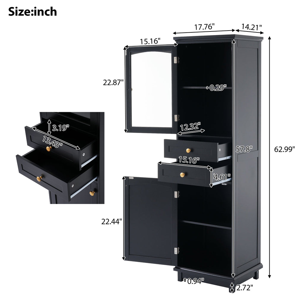 63" Tall Bathroom Storage Cabinet with Glass Doors