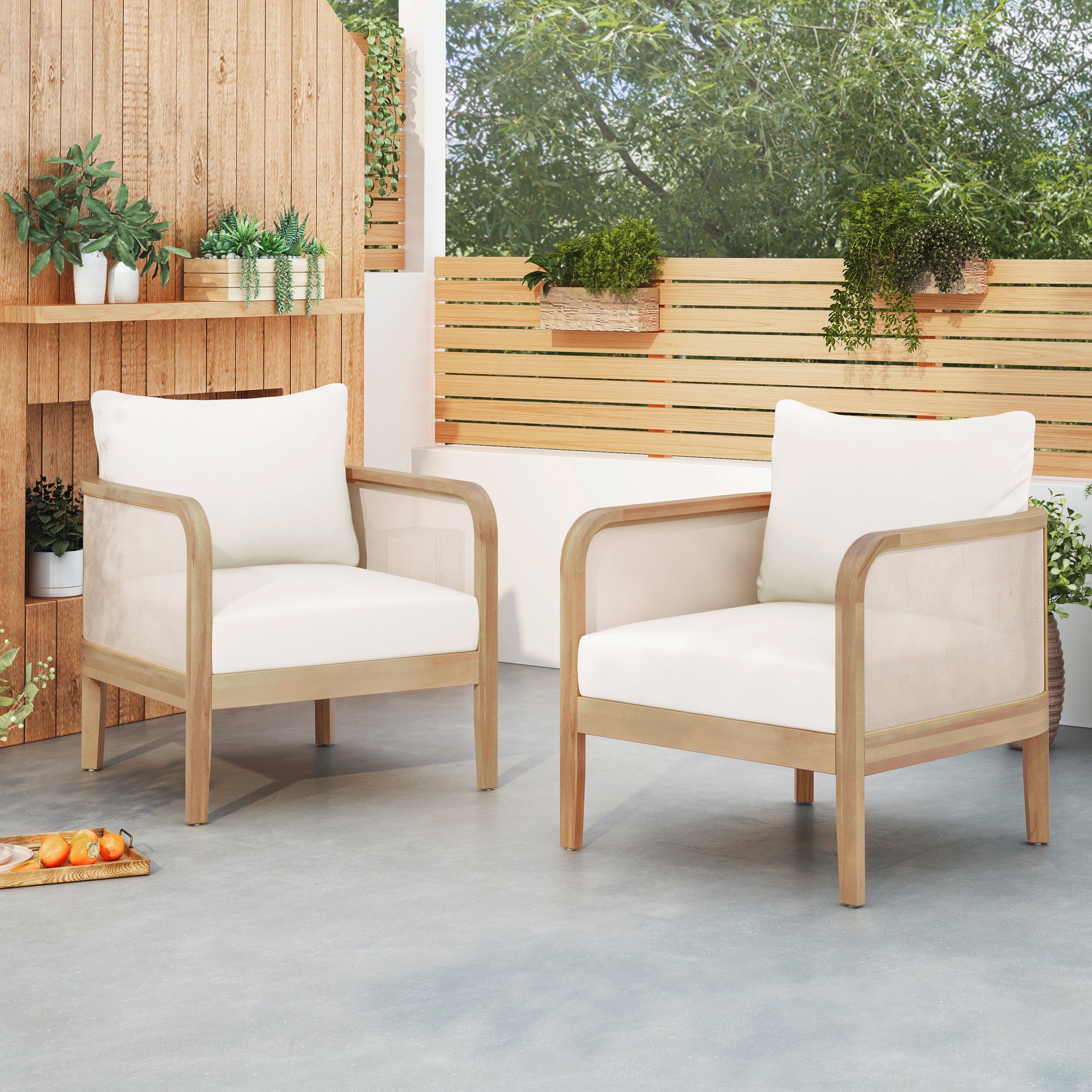 Outdoor Acacia Wood Patio Club Chair Set (Set of 2)