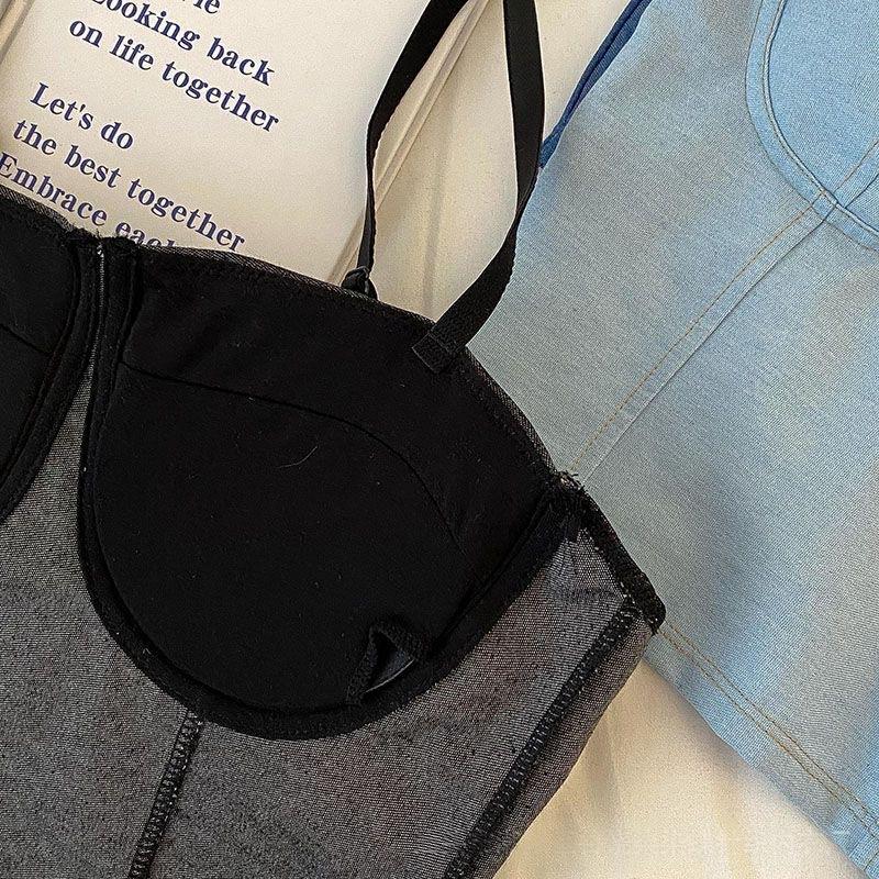 Retro Distressed Denim Small Vest Camisole Base Top