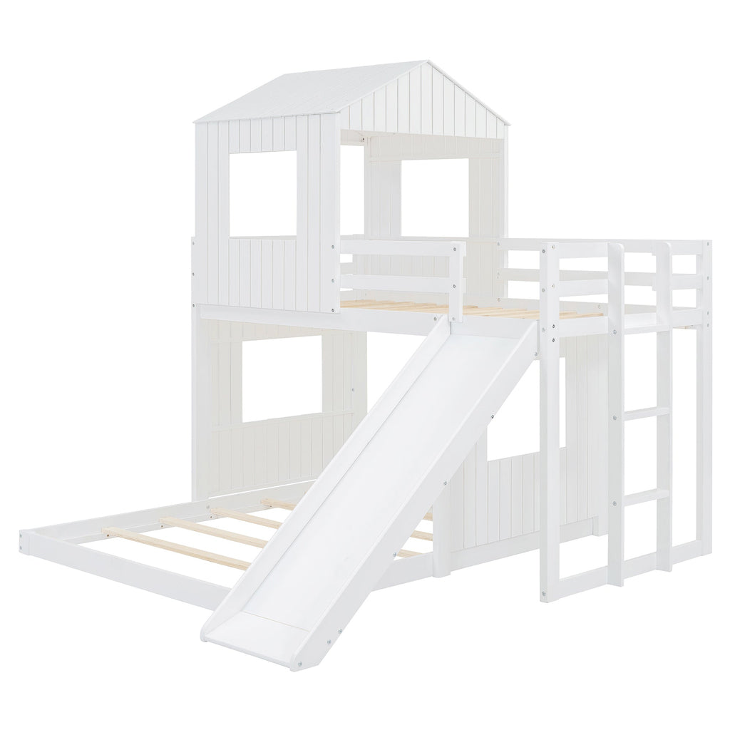 Wooden Twin Over Full Bunk Bed with Playhouse