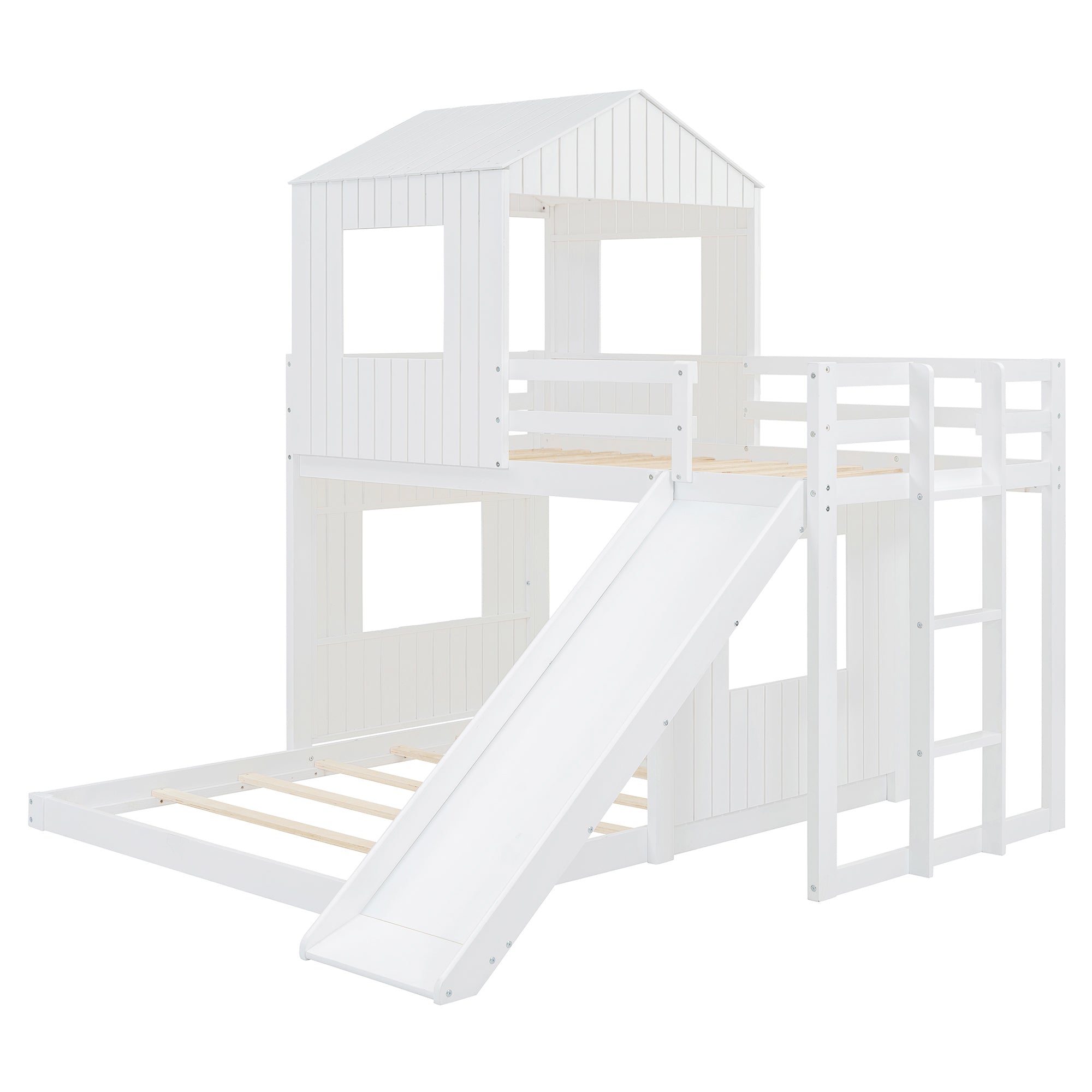 Wooden Twin Over Full Bunk Bed with Playhouse