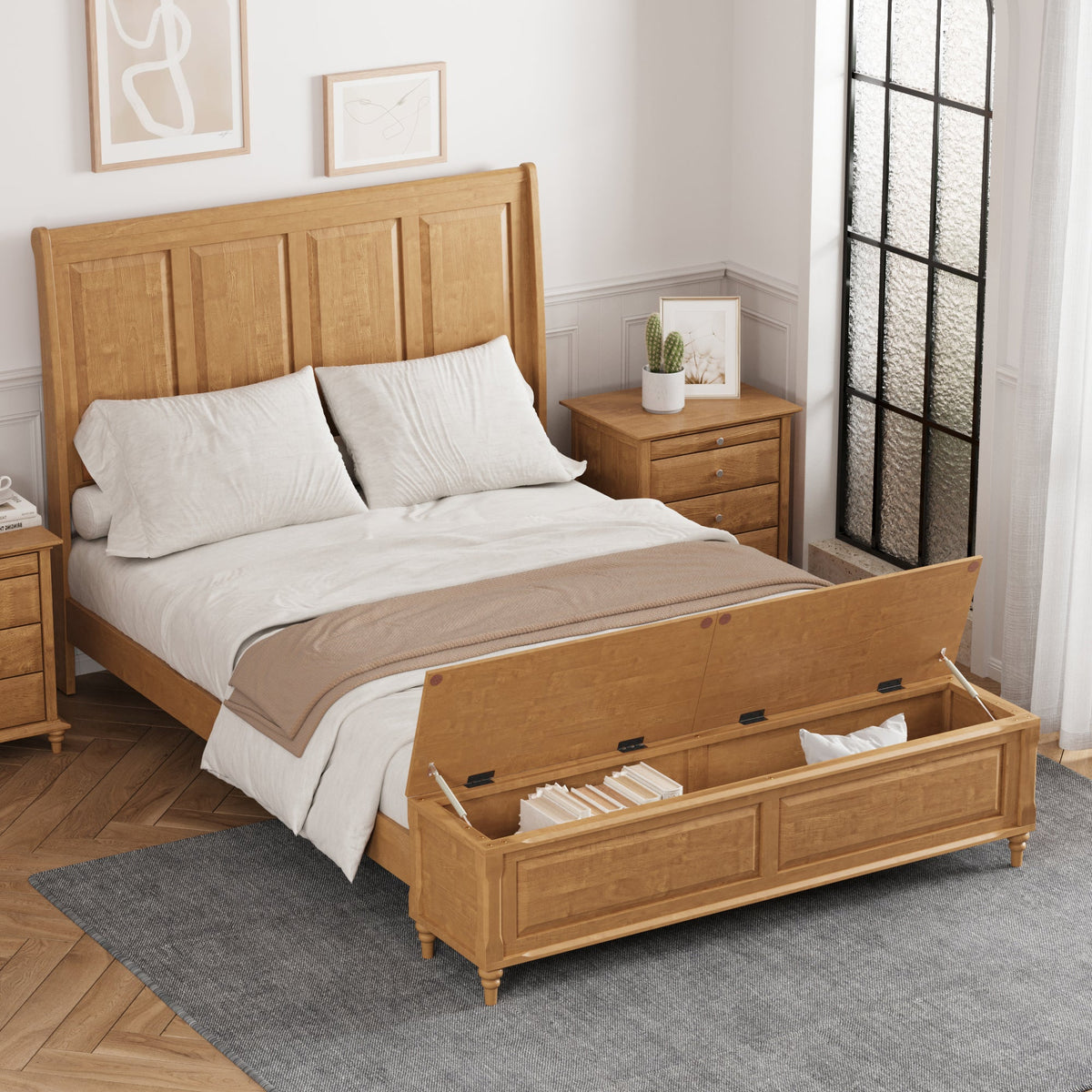 Queen Bed Frame with Tall Headboard and Storage Bench