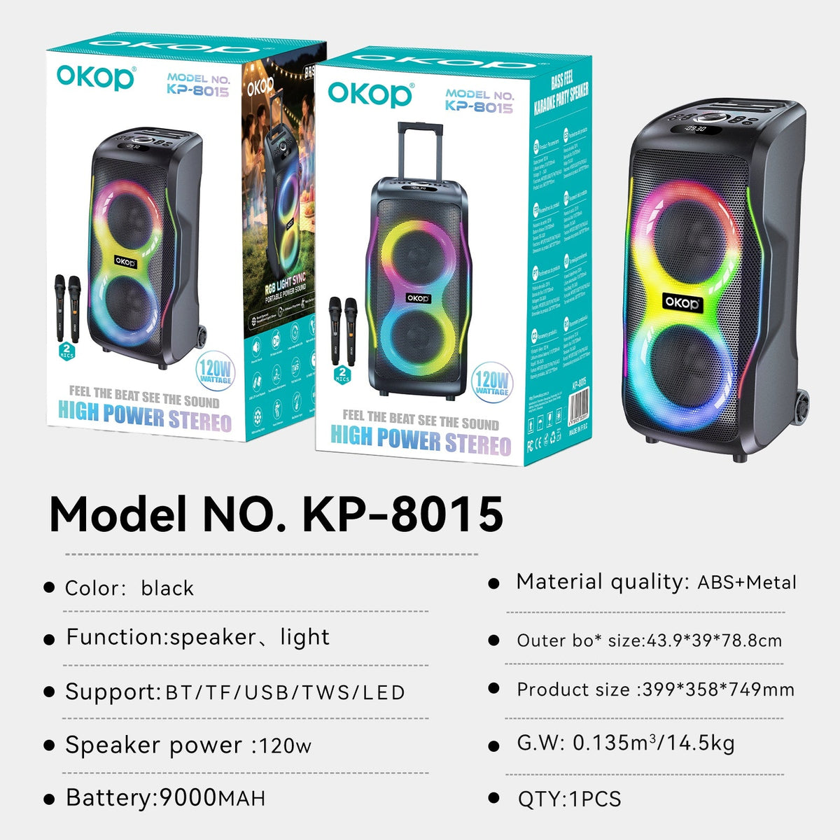 KP-8015 Best-Selling Bluetooth Speaker New High-Power 120W Outdoor Model With Dual Microphones Long Battery Life And Karaoke Functionality In Stock