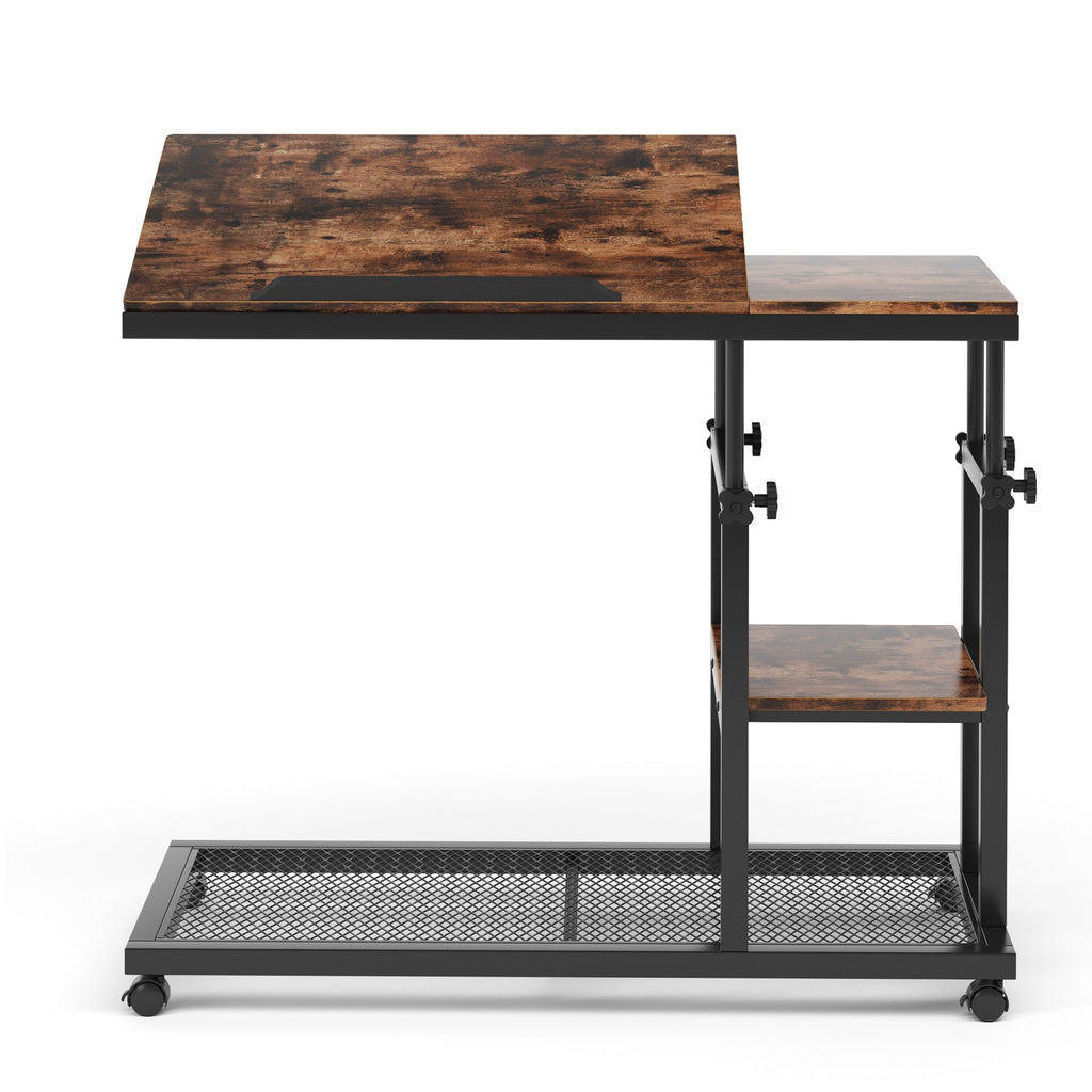 Rustic 32” Width Adjustable C-Shaped End Table with Wheels