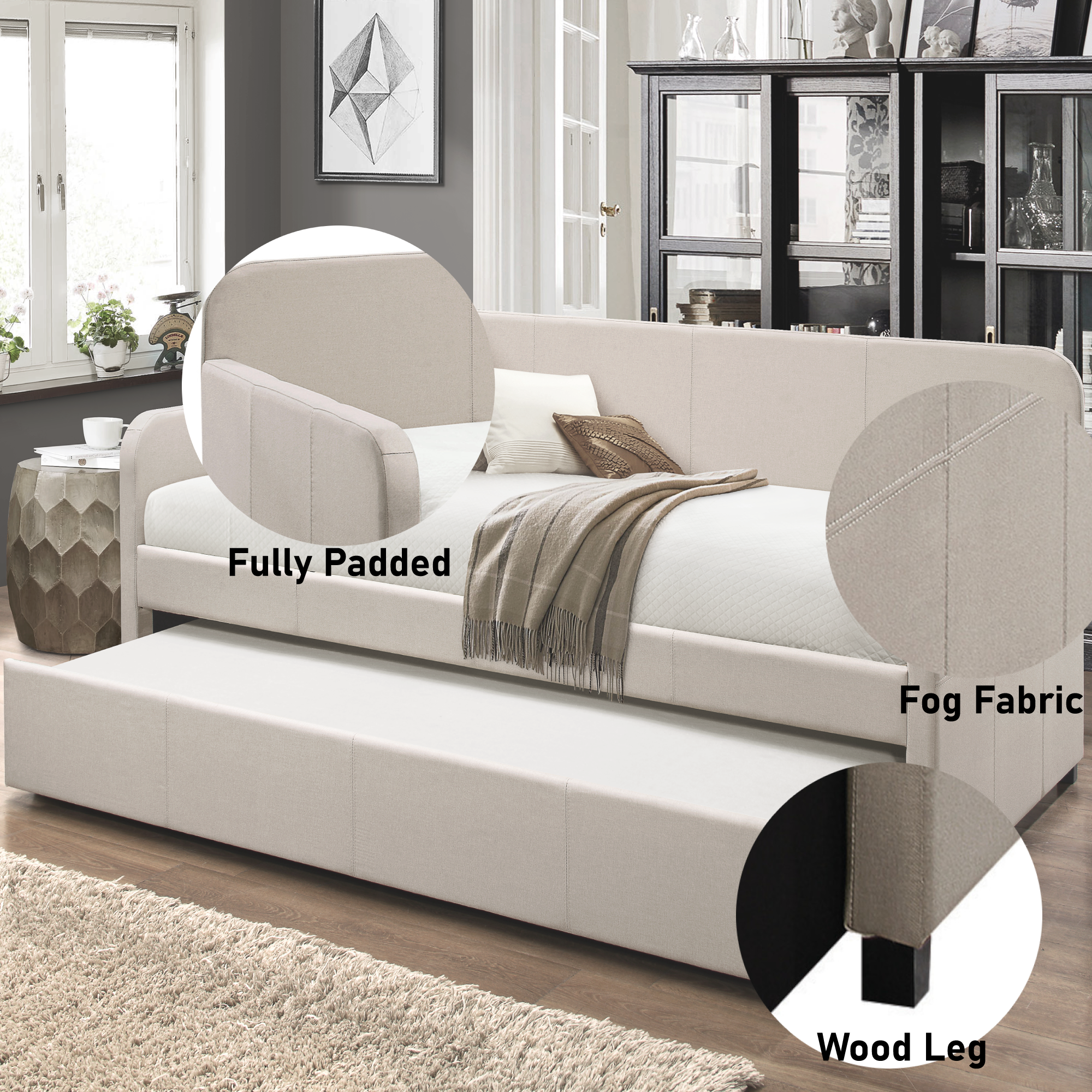 Jagger Fog Fabric Daybed With Trundle (Twin)