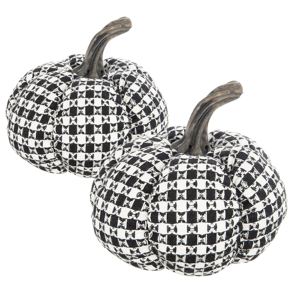 Set of 2 Fabric Black-White Plaid Pumpkin Decor