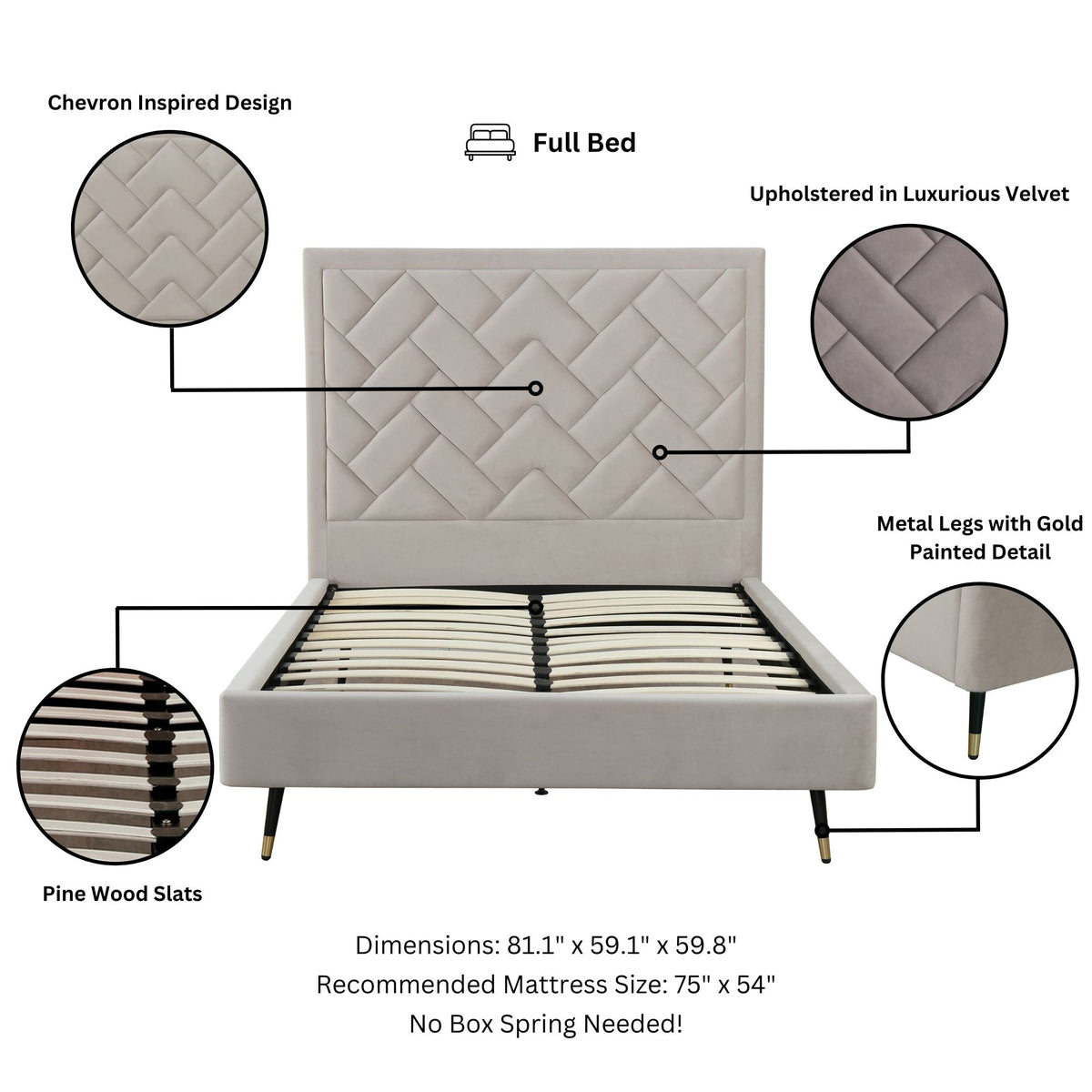 Crosby Upholstered Velvet Full Bed in Greige