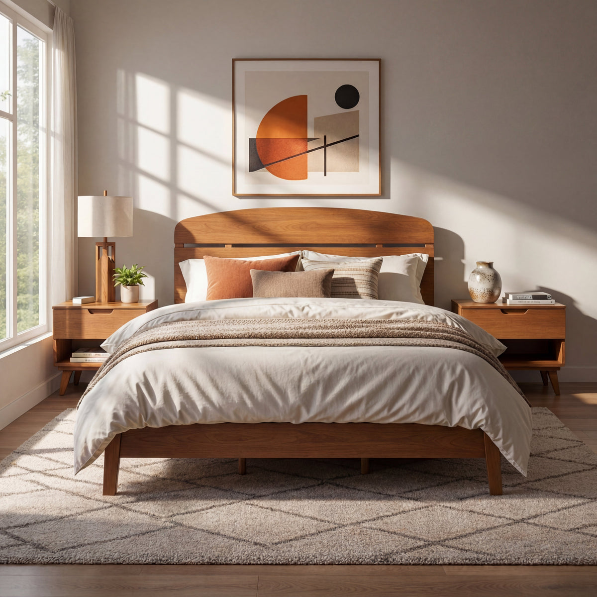 Queen Size Solid Wood Platform Bed with Curved Headboard