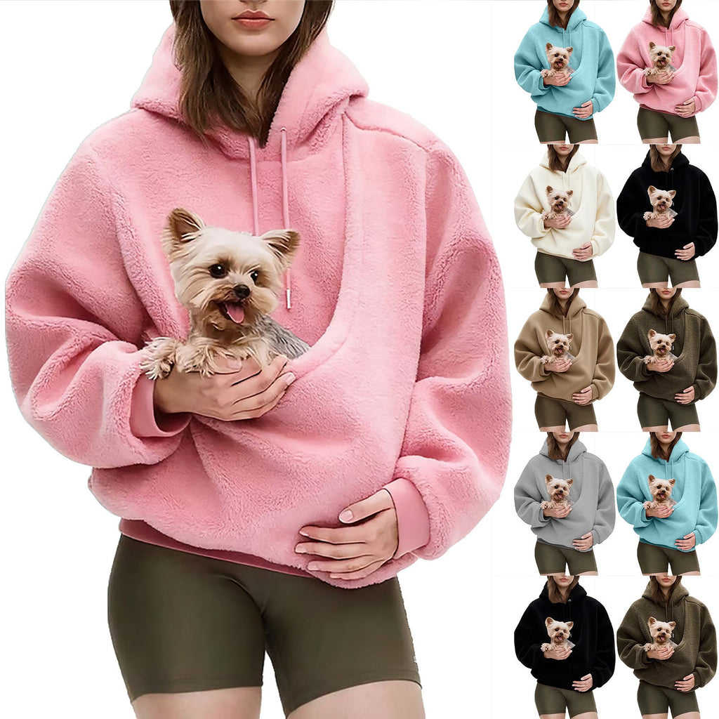 Amazon New European And American Autumn And Winter Cross-Border Pure Color Hooded Plush Pet Pocket Loose Pullover Sweatshirt For Women