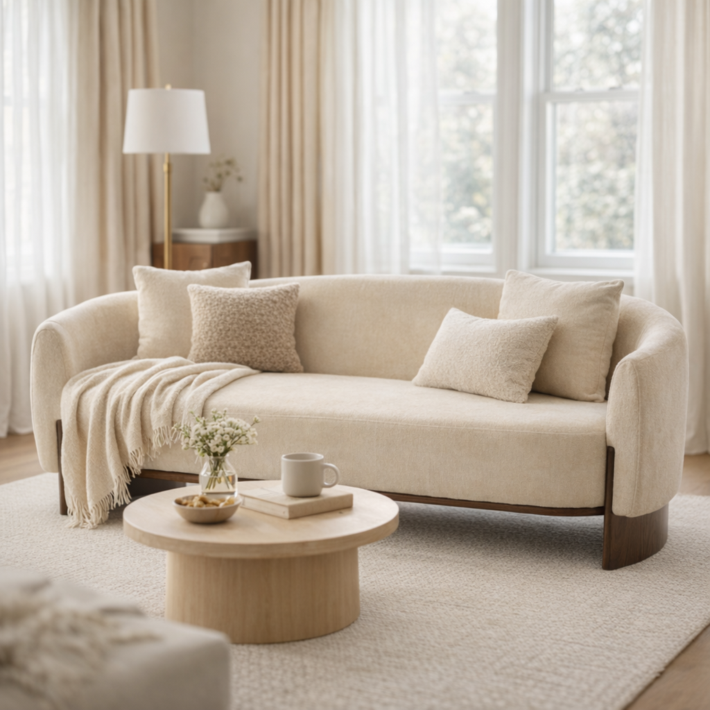 81 In. Curved Boucle Sofa with Wooden Base