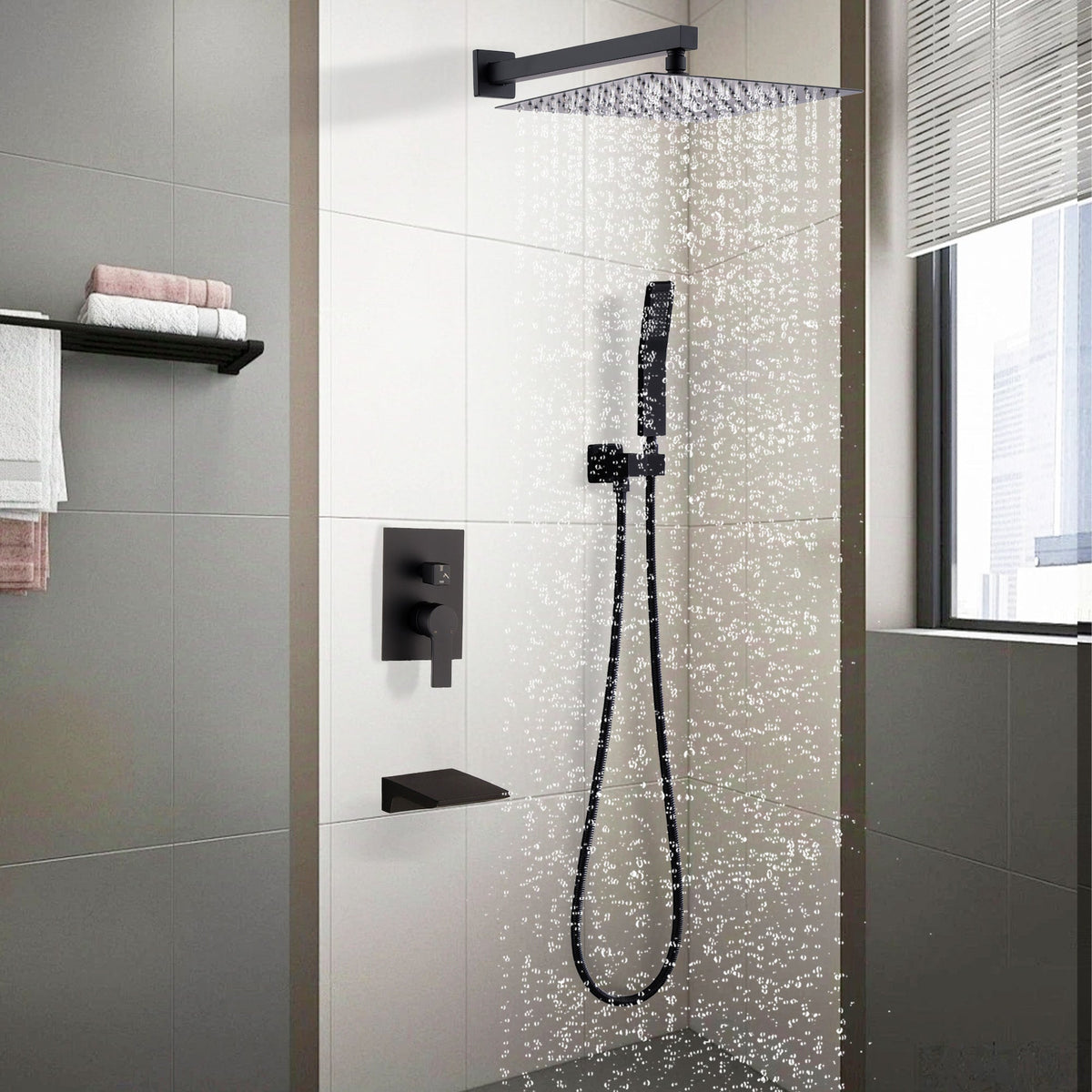 Black Shower Faucet Set with Rainfall Shower Head