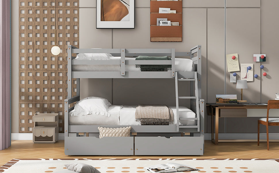 Twin Over Full Bunk Bed with Ladder, Two Storage Drawers, Safety Guardrail