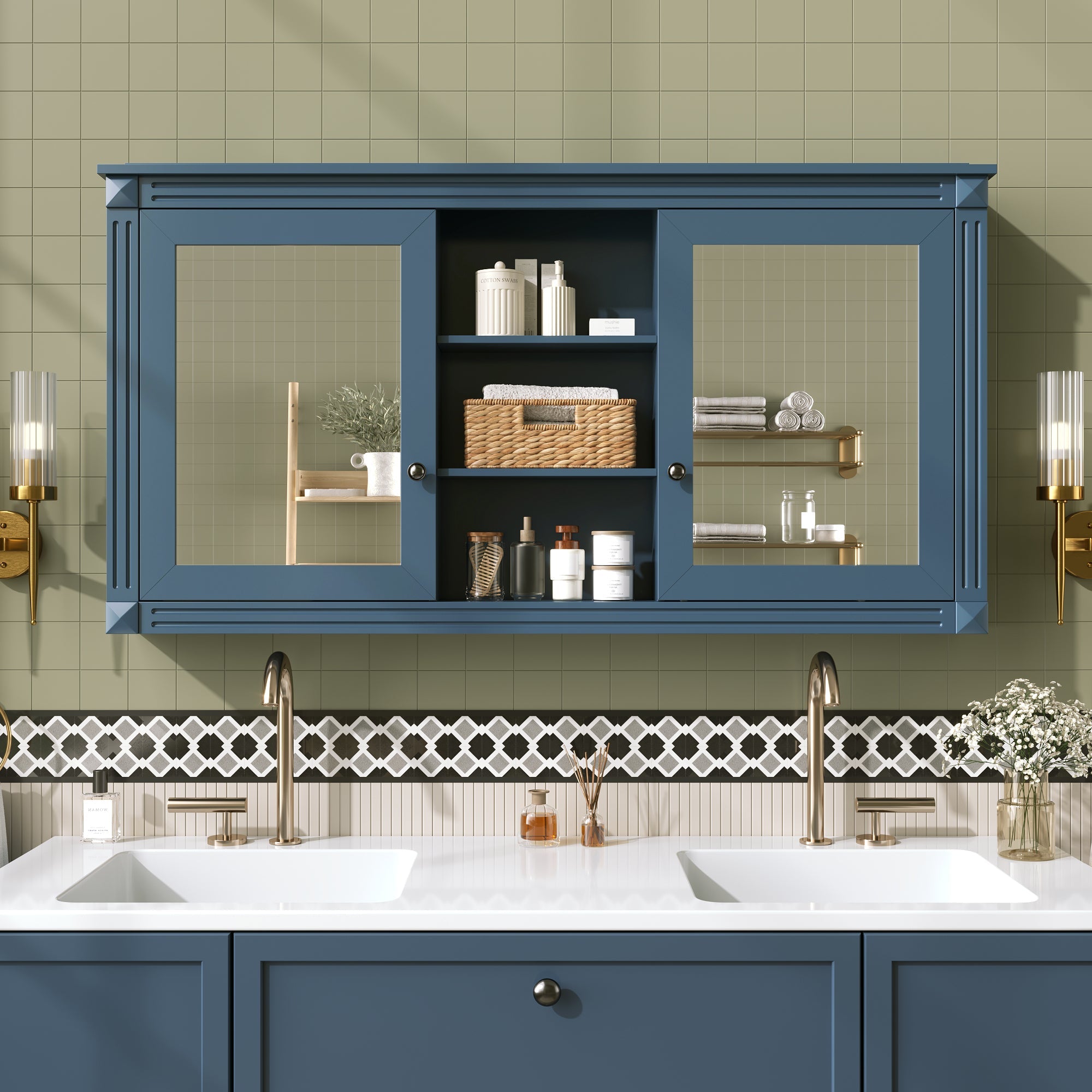 55 Inch Wall-Mount 2-in-1 Mirror Cabinet with Adjustable Shelves
