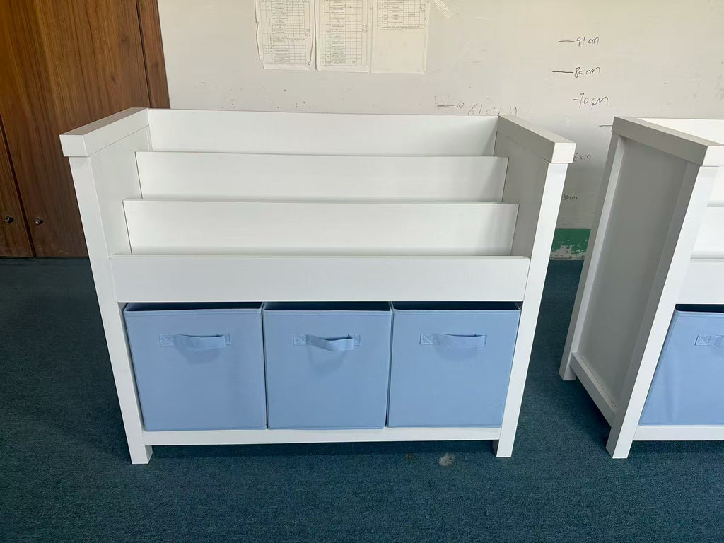 Kids Bookshelf with 3 Tier Front-Facing Storage and 3 Fabric Bins
