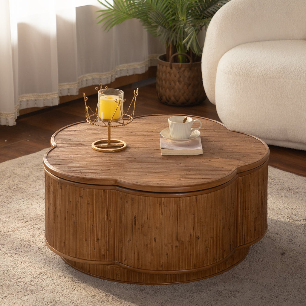 Flower-Shaped Rattan Coffee Table with Lift-Off Lid Storage