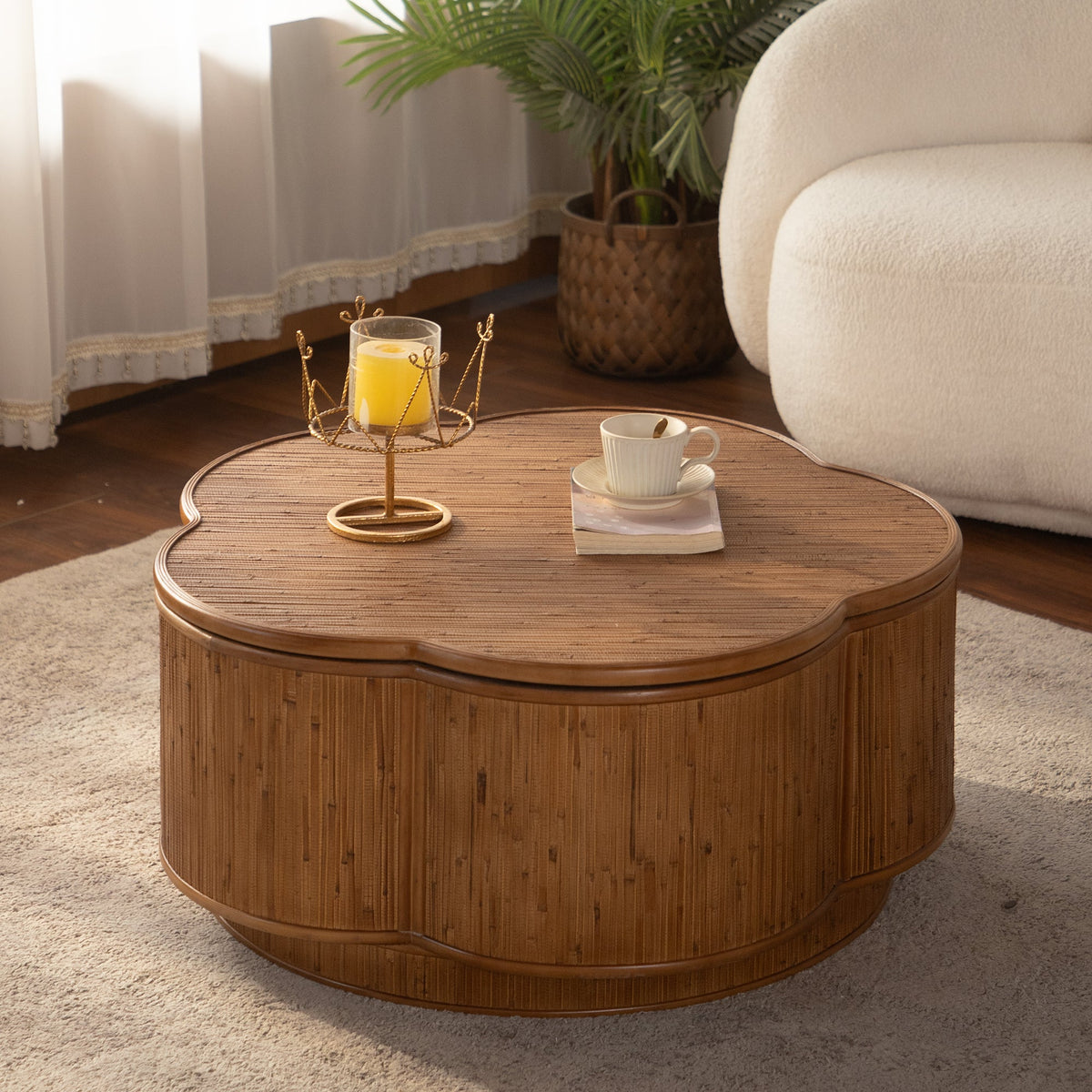Flower-Shaped Rattan Coffee Table with Lift-Off Lid Storage