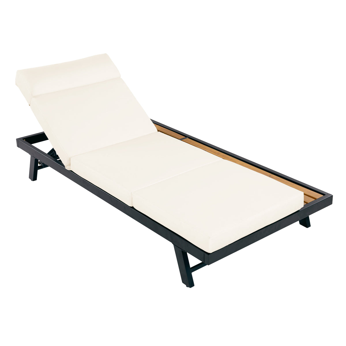 Black Iron + Teak Finish Outdoor Chaise Lounge Set