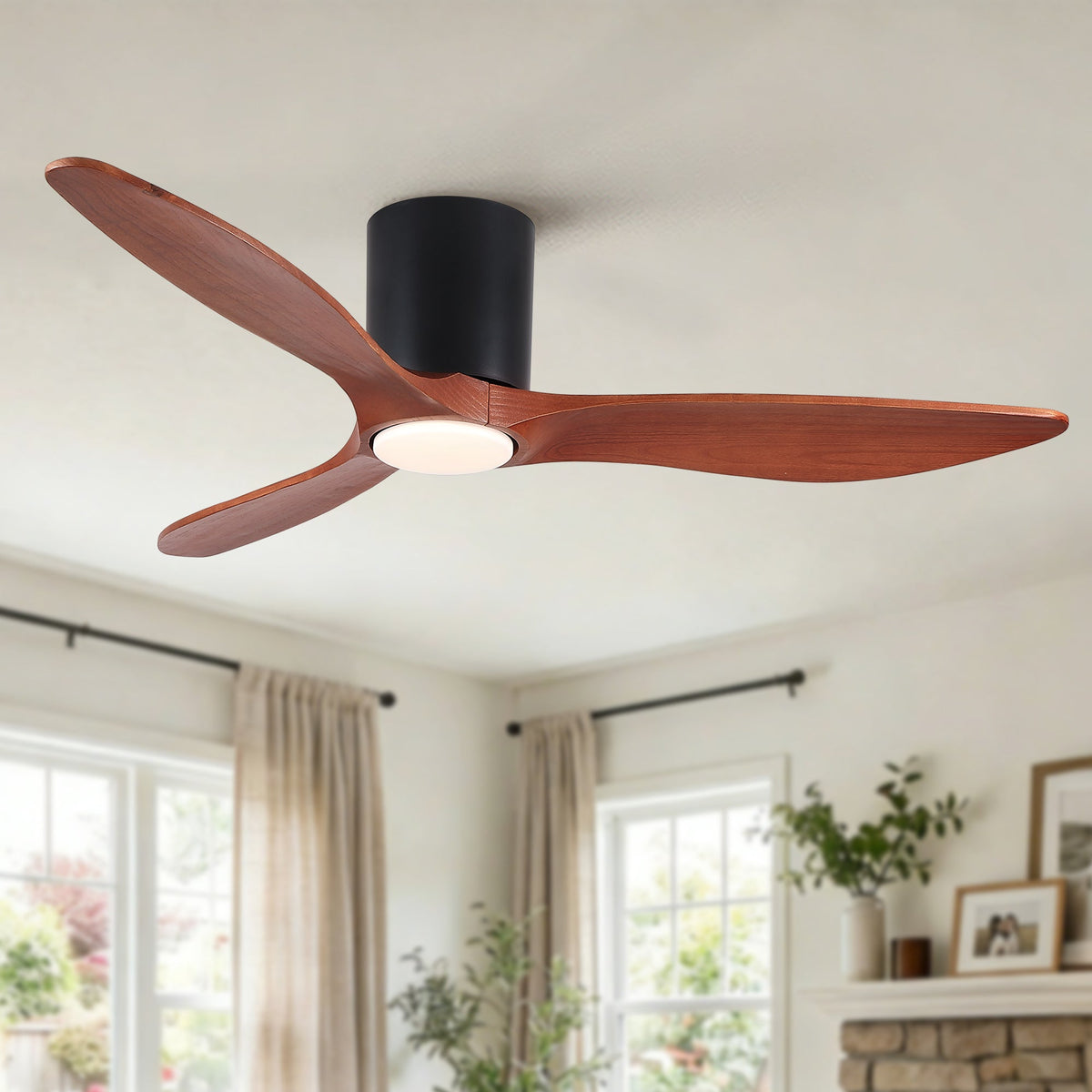 52" Modern Farmhouse Retro Solid Wood Low Profile Flush Mount Ceiling Fan
