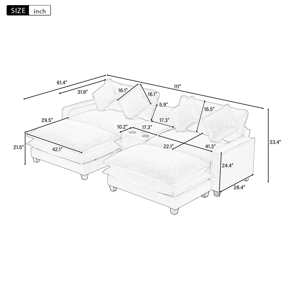 111" Chenille Upholstered Sectional Sofa with Ottoman & Storage