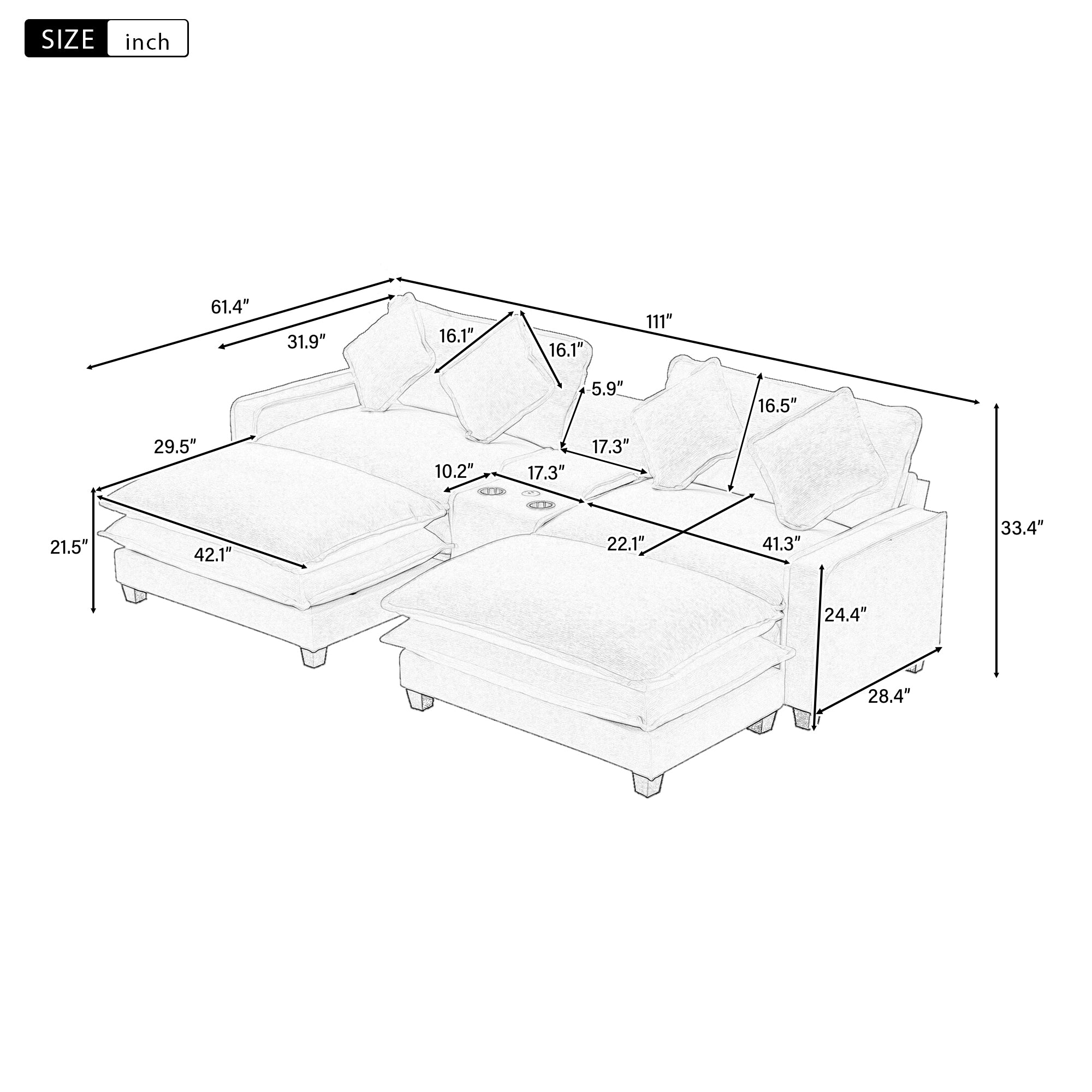 111" Chenille Upholstered Sectional Sofa with Ottoman & Storage