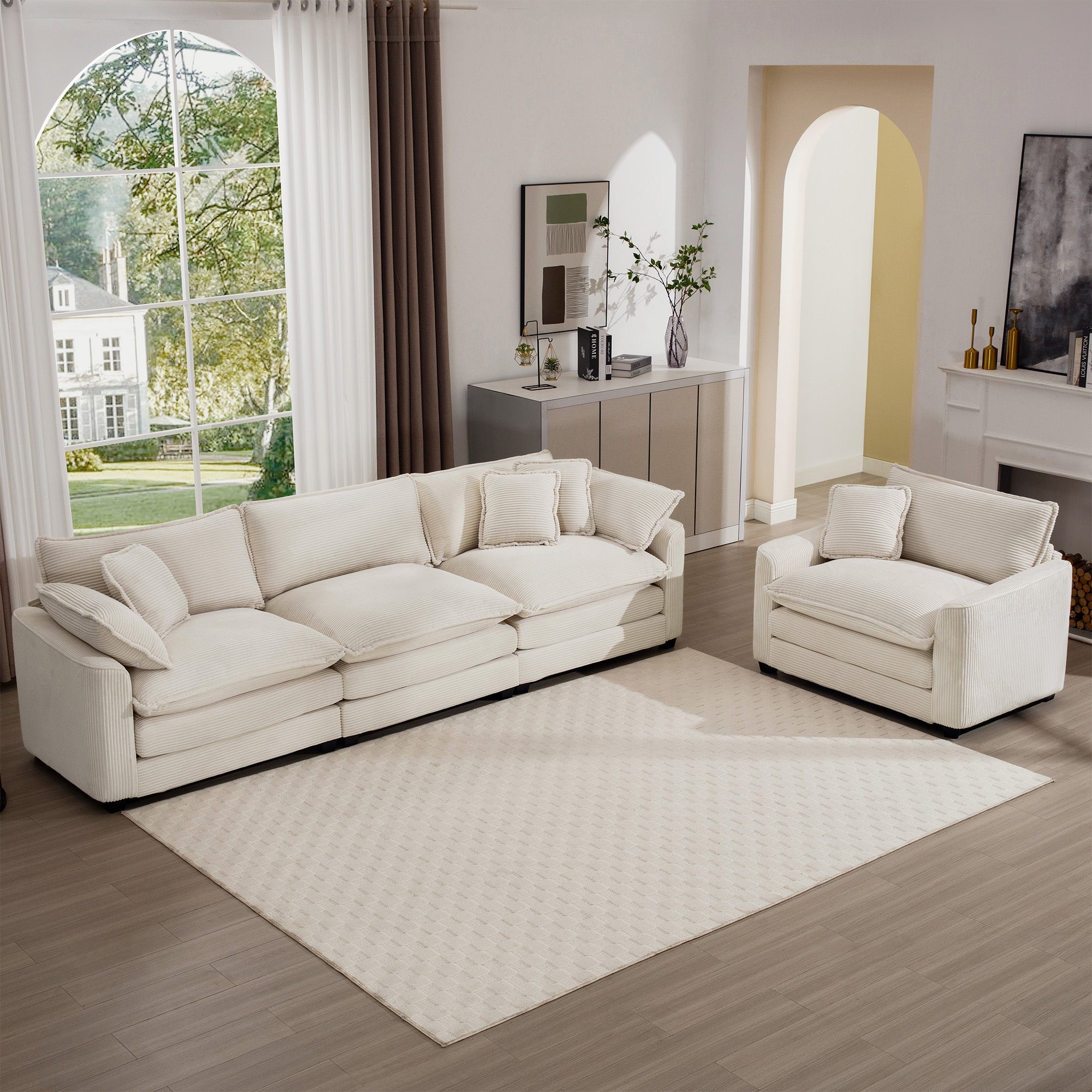 Mid-Century Modern Set of 2 Sofas with One 3-Seater Sofa and One Single Accent Chair
