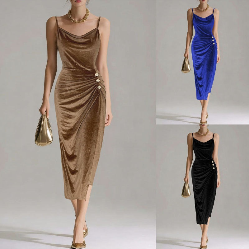 EBay Independent Site European And American Cross-border Foreign Trade Shiny Velvet Bodycon Dress With A Swing Collar, Waist-cinching, Side Slit, And Spaghetti Straps