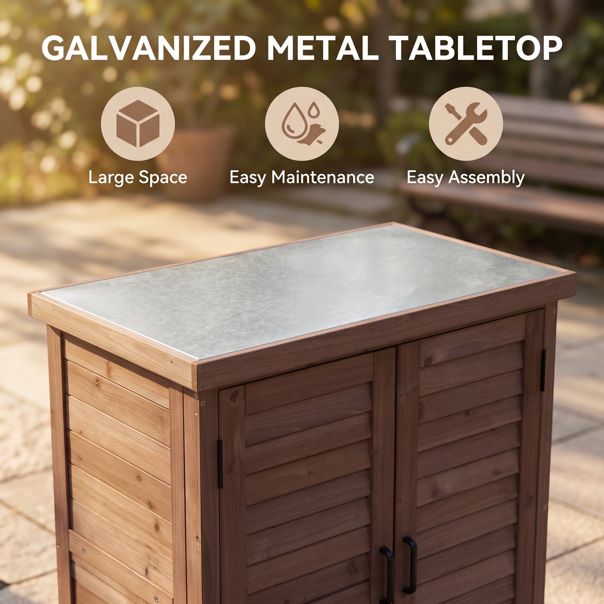 Potting Bench with Storage Cabinet and Metal Table Top
