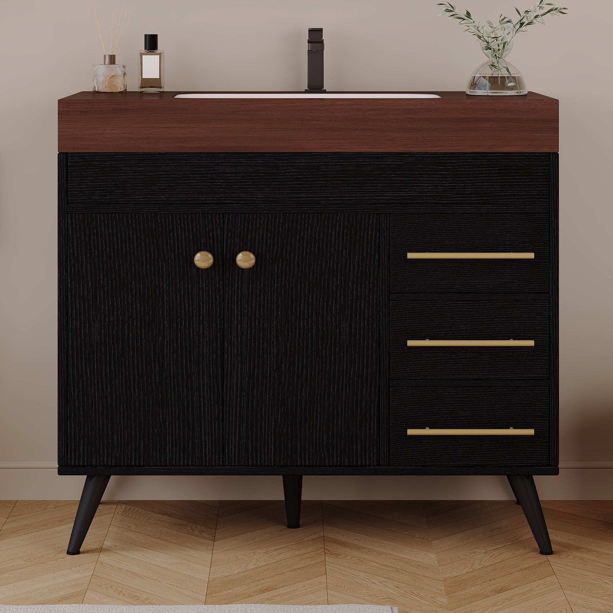 36" Freestanding Bathroom Vanity with Ceramic Sink and Faux Marble Top