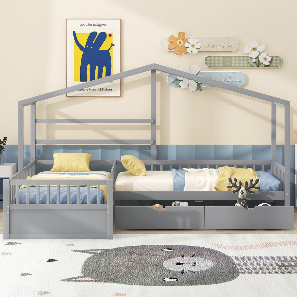 Twin Size House Platform Bed with Three Storage Drawers