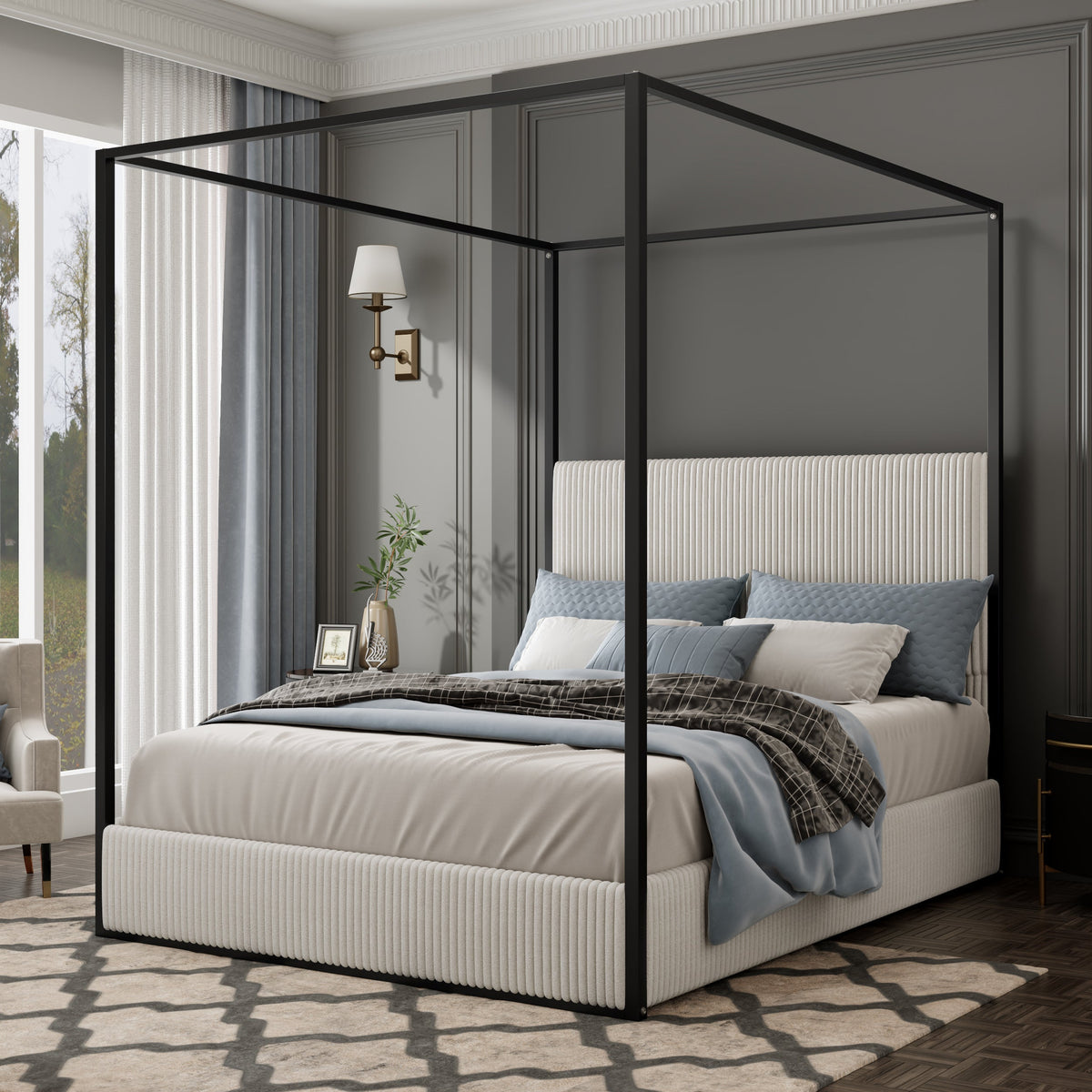 Modern Luxury Metal Canopy Bed with Tall Corduroy Upholstered Headboard