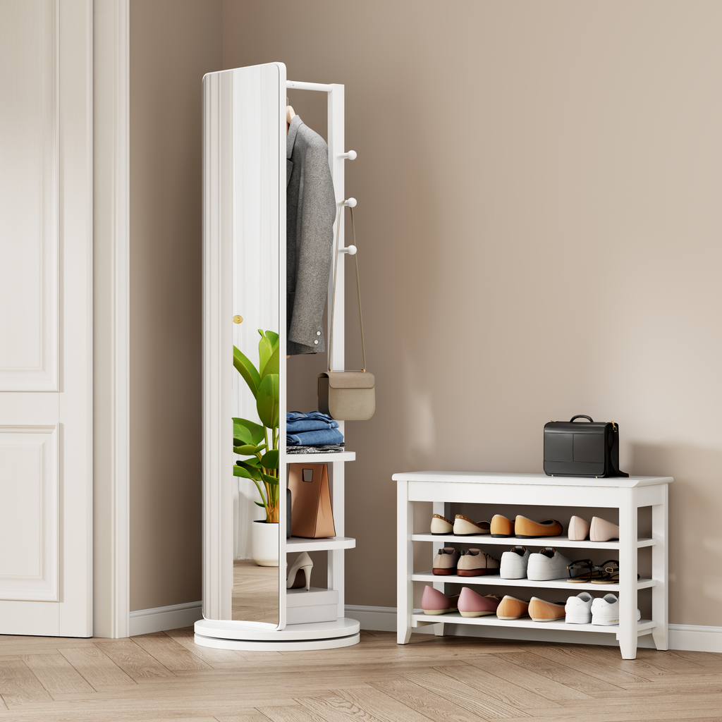 360° Rotating Full Length Mirror with Hook Storage Rack