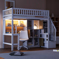 Wood Twin Size Loft Bed with Built-in Desk, LED, Storage Shelves, Cabinets and Staircase