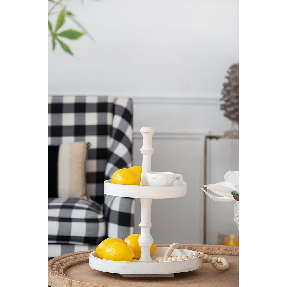 D11.8x15.4" Two-Tiered Round Wooden Tray