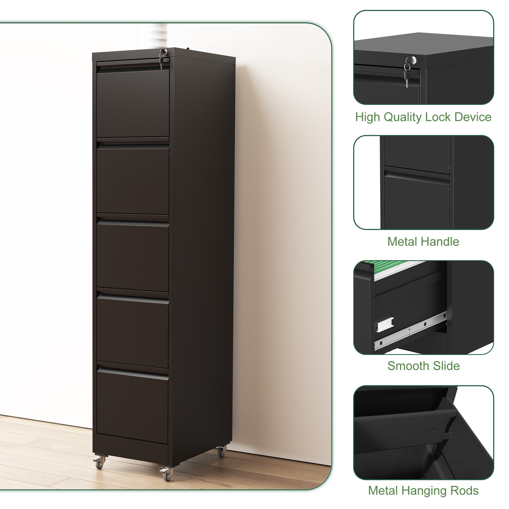 5 Drawer Metal Vertical File Cabinet with Lock on Wheels