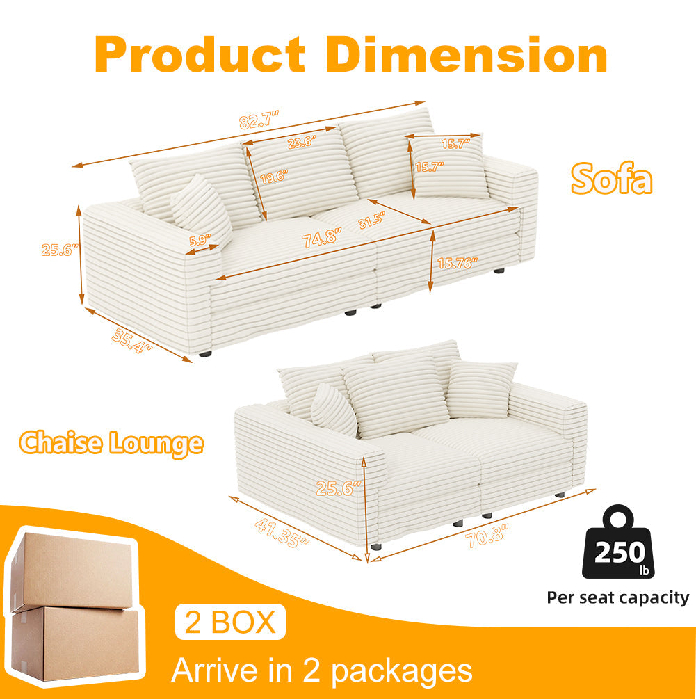 82.7" Plush Corduroy 3-Seat Sofa