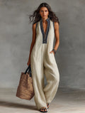 2026 European And American Cross-Border Women's Simple Linen Blend Sleeveless Jumpsuit With Zipper And Stand Collar