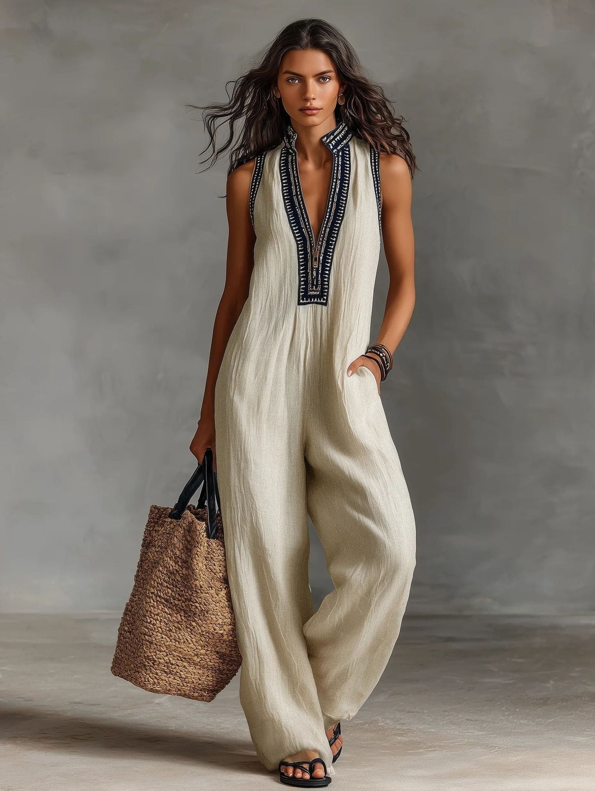 2026 European And American Cross-Border Women's Simple Linen Blend Sleeveless Jumpsuit With Zipper And Stand Collar