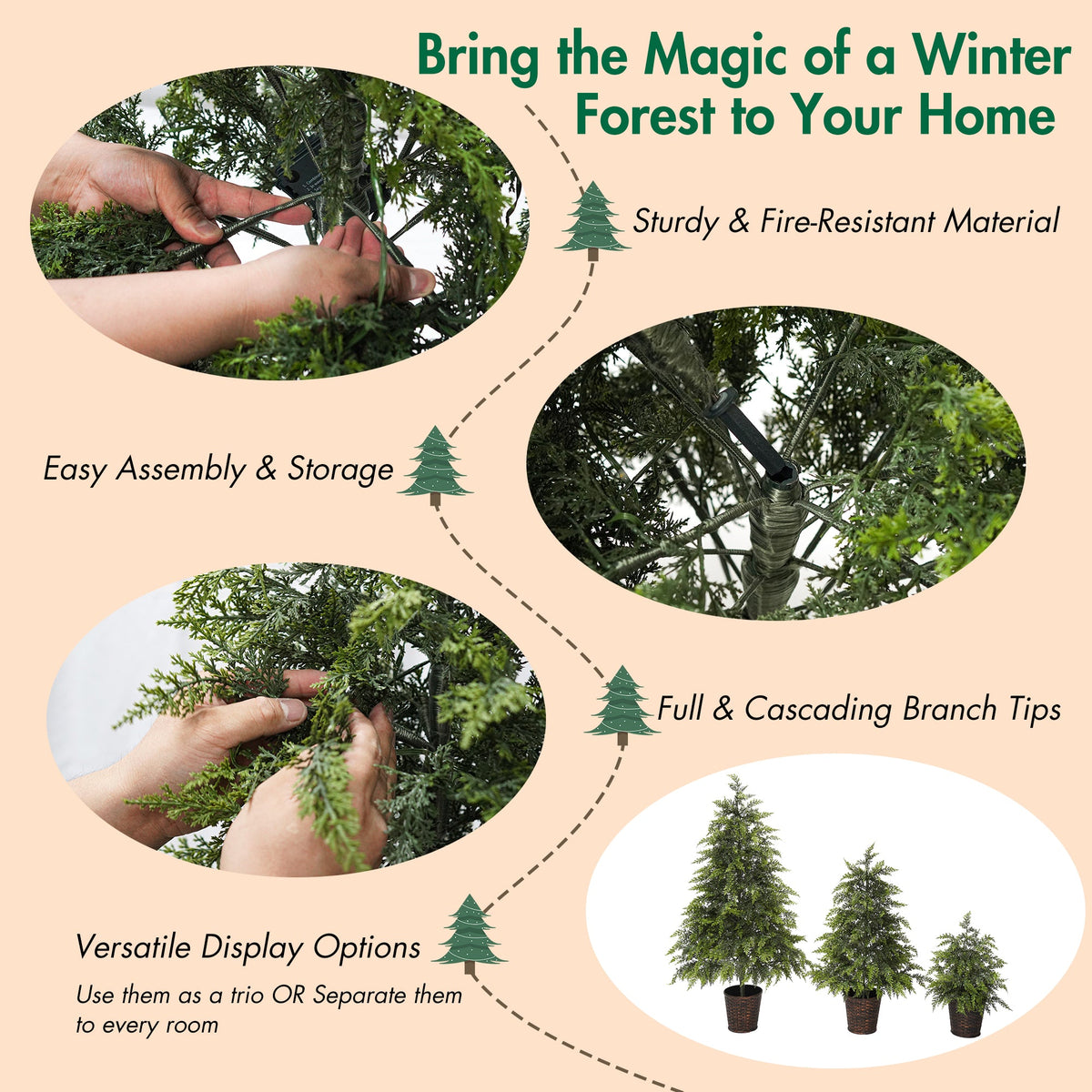 3-Piece Pre-Lit Christmas Tree Set with Warm Lights