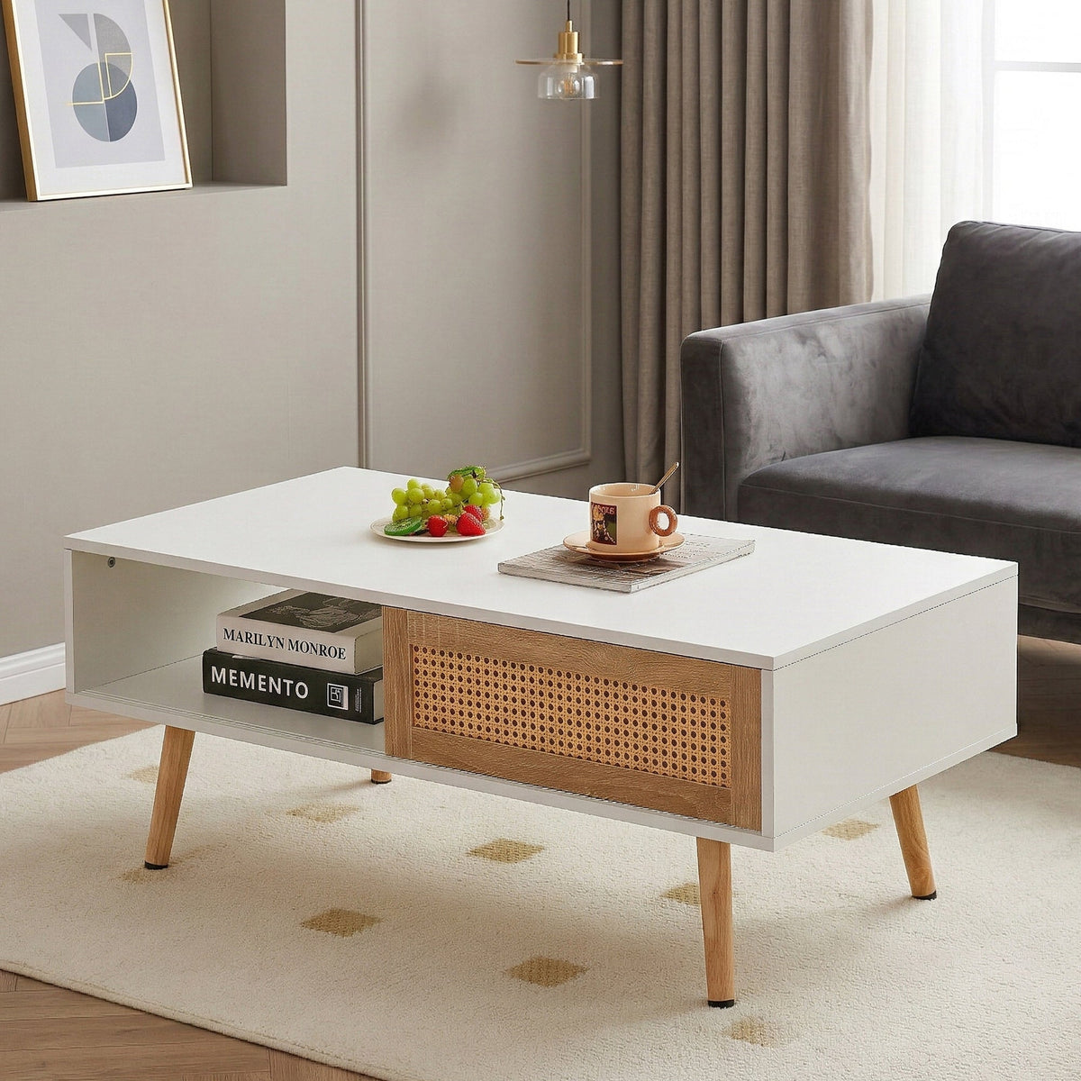41.34" Rattan Coffee Table with Sliding Door Storage