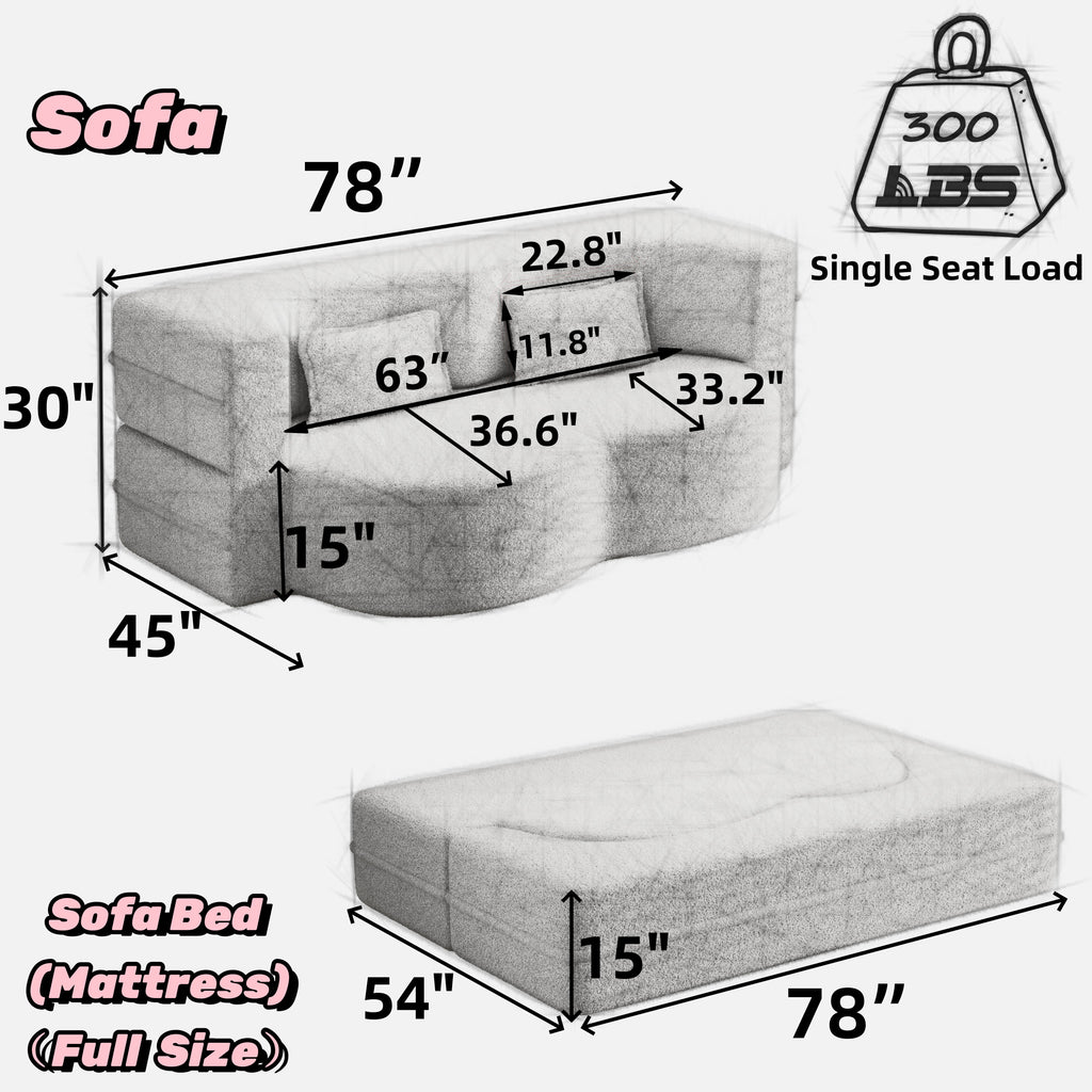 Modern Floor Sofa with 2 Pillows - Convertible Plush Sofa Bed