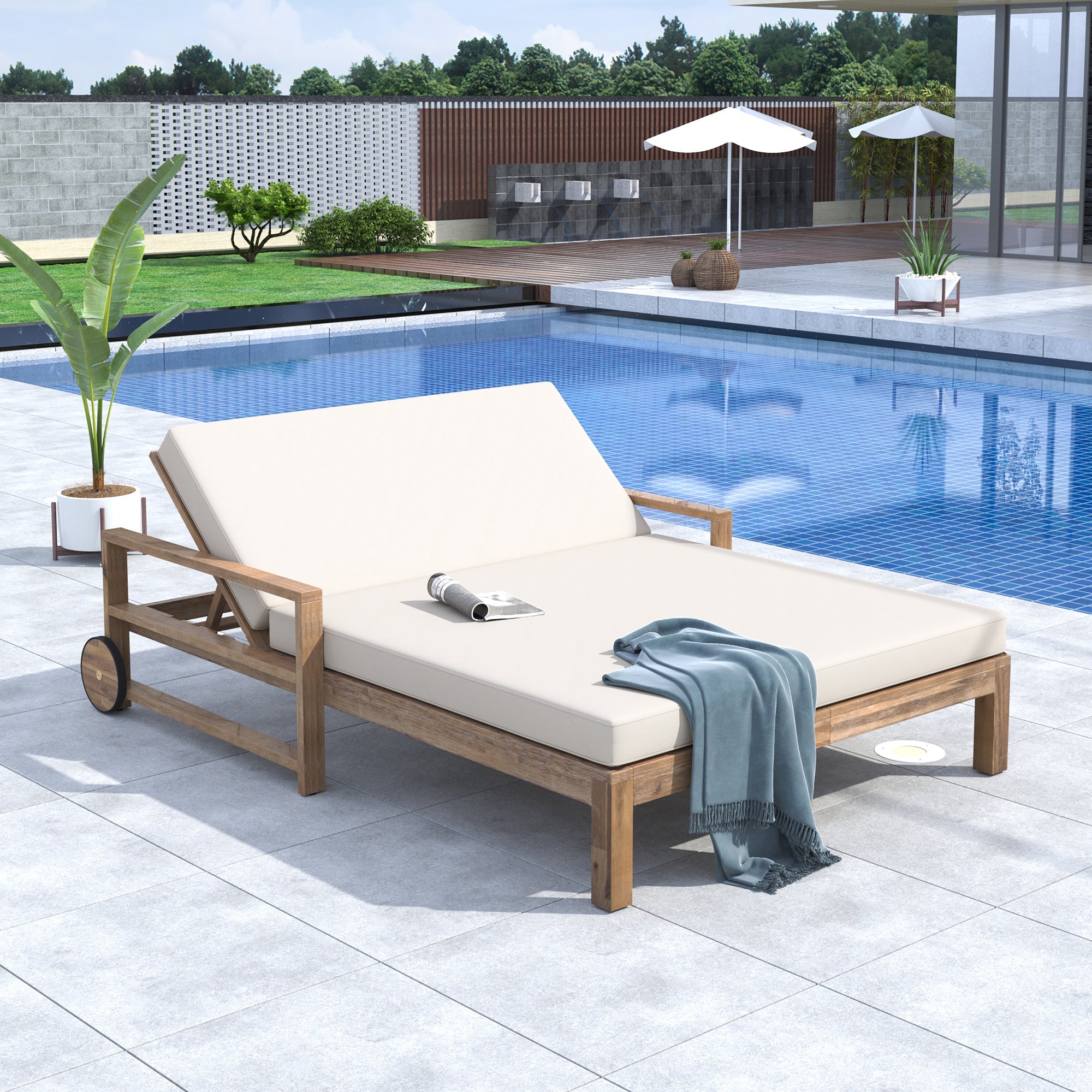 TREXM 1-Piece Farmhouse-styled Wooden Outdoor Sunbed