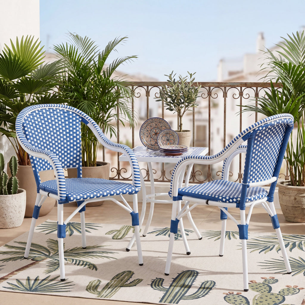 Outdoor Bistro Chairs Set of 2, White and Blue