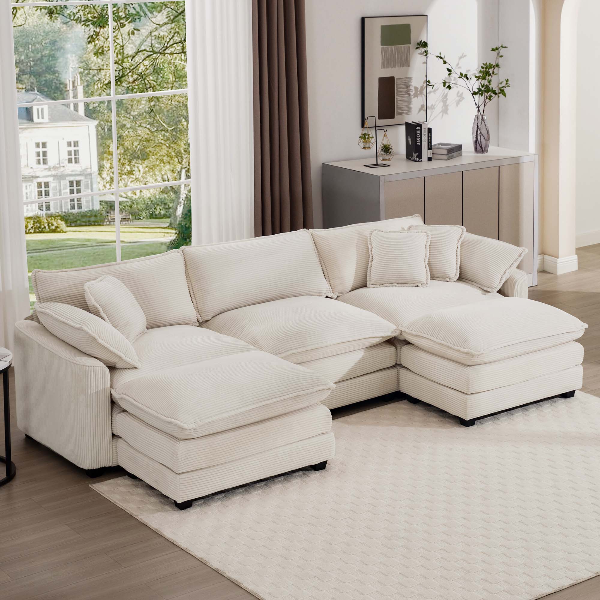 Oversized Modular Cushion Sofa With Ottomans, Comfy Upholstered U Shaped Convertible Corner Sectional Sofa Couch - Light