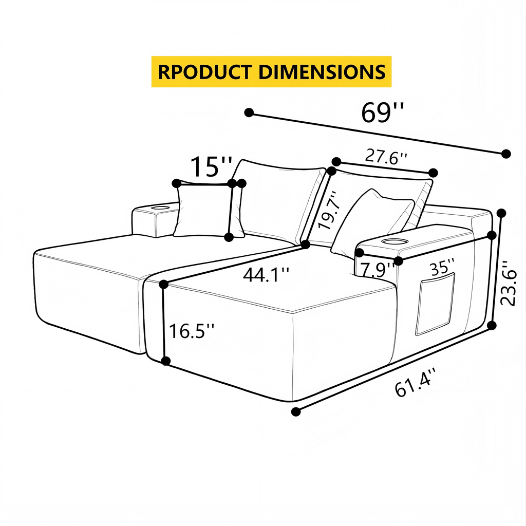 69" Cloud Sectional Couch, L-Shape Chaise with R-Shape Chaise