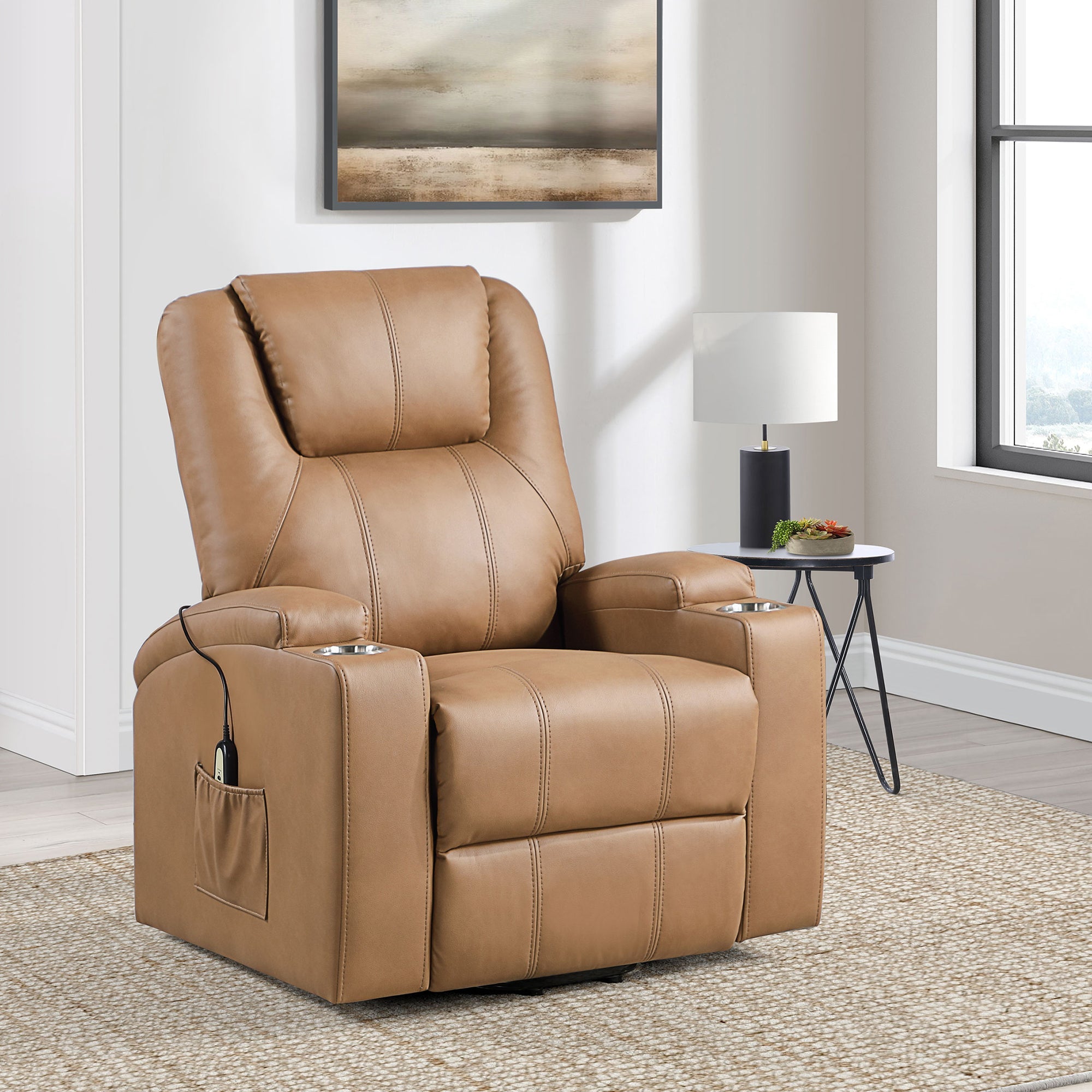 Macklin Camel Upholstered Power Lift Massage Recliner