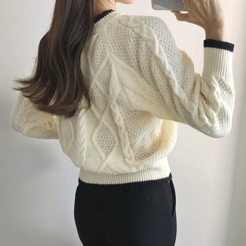 Color-block Button-up Cardigan Sweet-style Outerwear, Knit Sweater