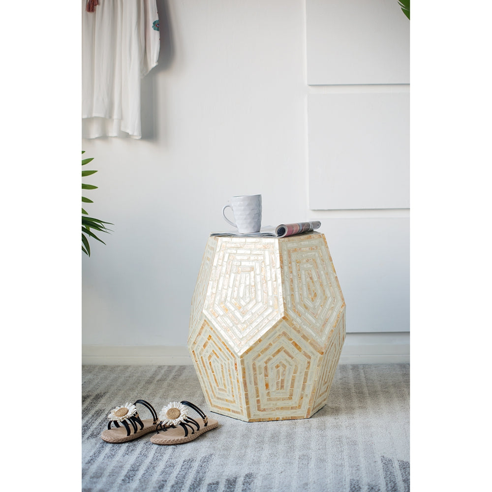 18x18x21" Hexagonal Capes Capiz Stool, Cream/Yellow
