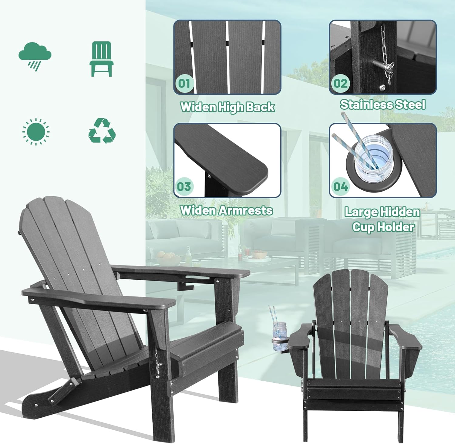 Adirondack Chairs Set of 2 - Gray Folding Outdoor Chairs