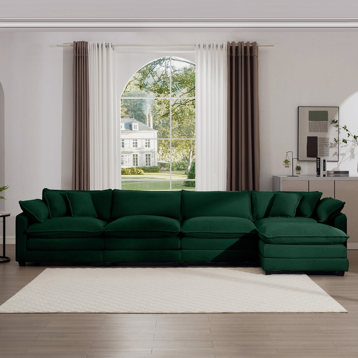 Corduroy Sofa - Modern Upholstered 4 Seater with Footstool